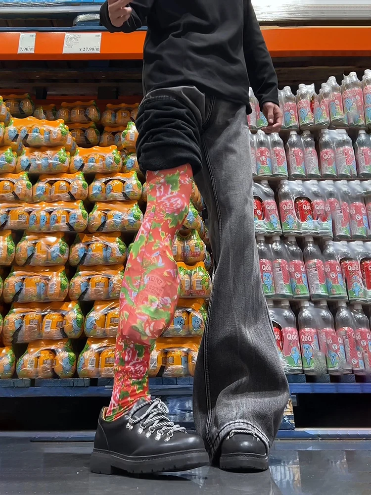 

Black American Lightning Pattern Bell Bottom Jeans Men's Autumn Winter Fleece Slimming Straight Leggings Low Waist Zipper Casual