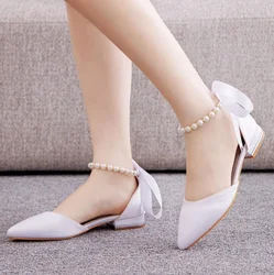 Women Sexy Pumps White Silk Beading Bride Shoes Pointed Toe Buckle Strap Sandals 2CM Thick High Heels