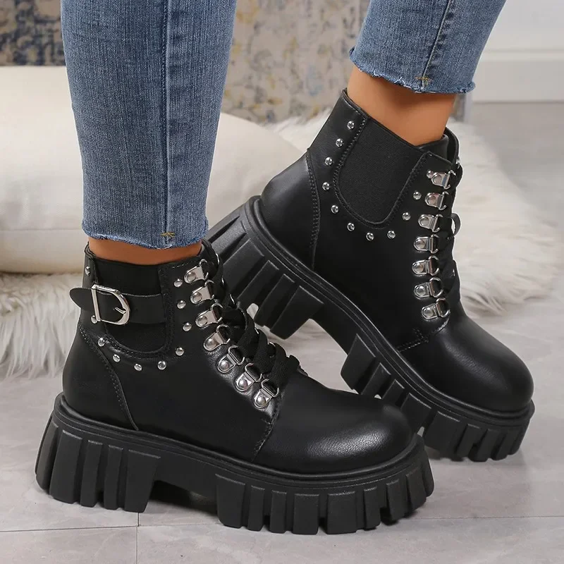 2023 Winter New Fashion Round Toed Solid Short Boots Female PU Lace Up Short Boots Thick Soled Shoes for Woemn Zapatos De Mujer