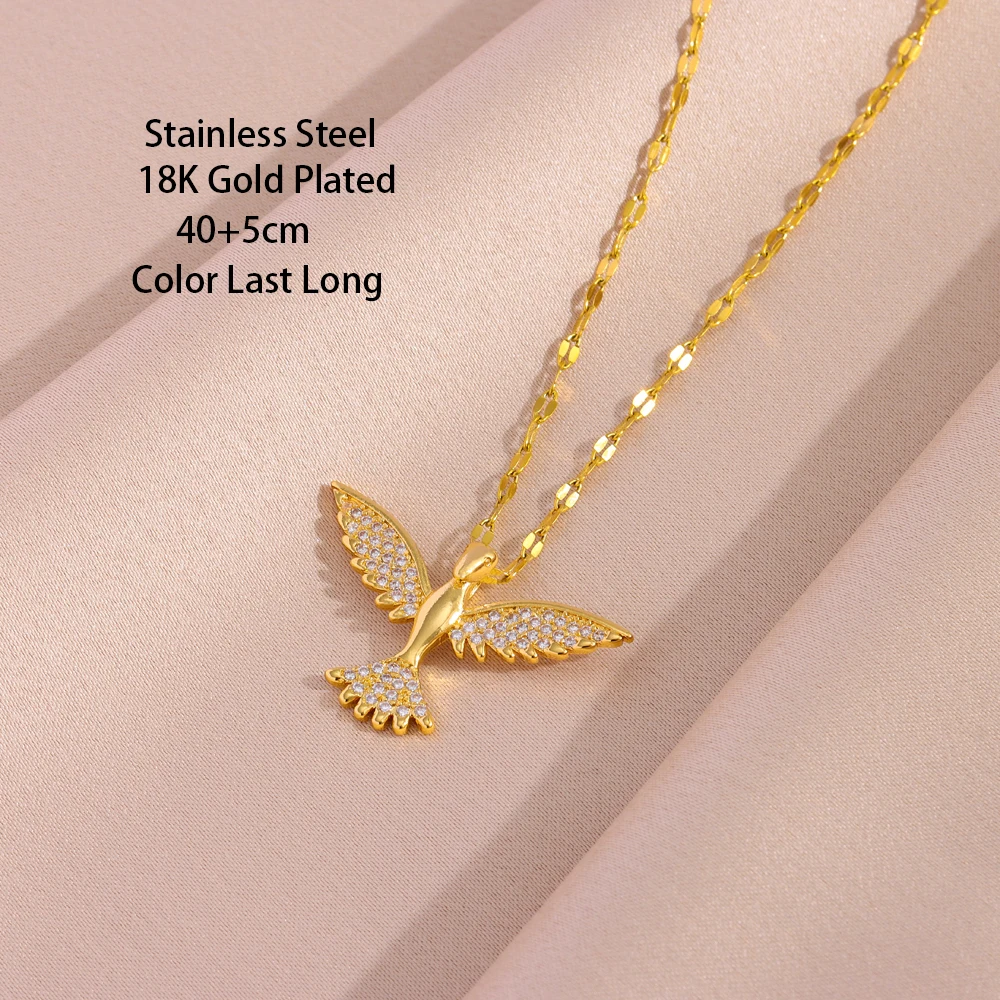 New In 18K Gold Plated Zircon Crystal Peace Dove Necklace For Women Trendy Female Stainless Steel Neck Chain Jewelry Wholesale