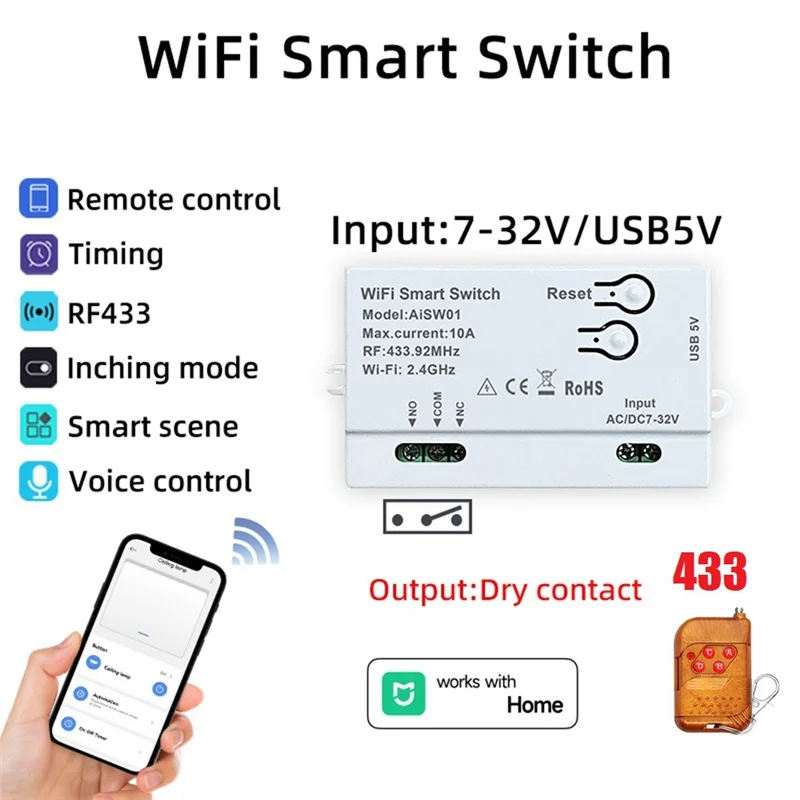Práctico para Xiaomi Home APP Wifi interruptor inteligente temporizador DIY 7-32V control remoto inteligente + 433Mhz módulo de automatización del hogar remoto Smartlife
