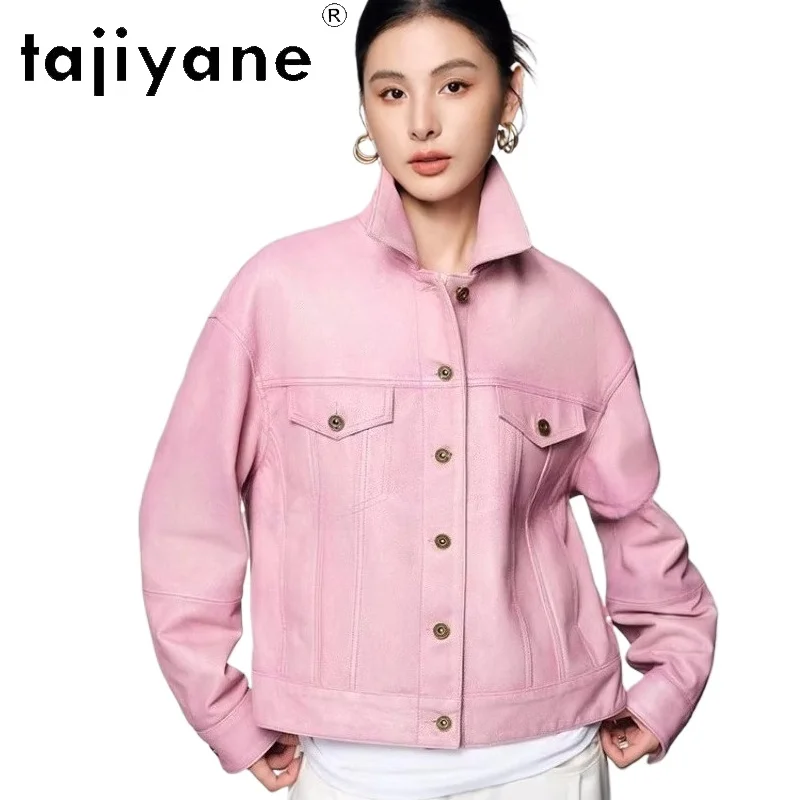 TAJIYANE Echte Schaffell Leder Jacke Frau Kurze Rosa Retro Mantel Echtes Leder Jacken 2025, Herbst Frauen Kleidung Ettка