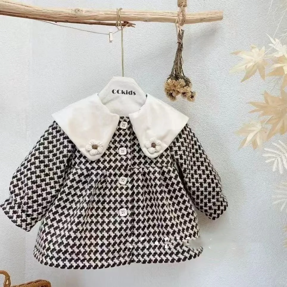 Girls' Woolen Coat Autumn Winter Foreign air Little Child Thousand Bird Lattice Girl Baby With Wool Thick Woolen Winter Coat