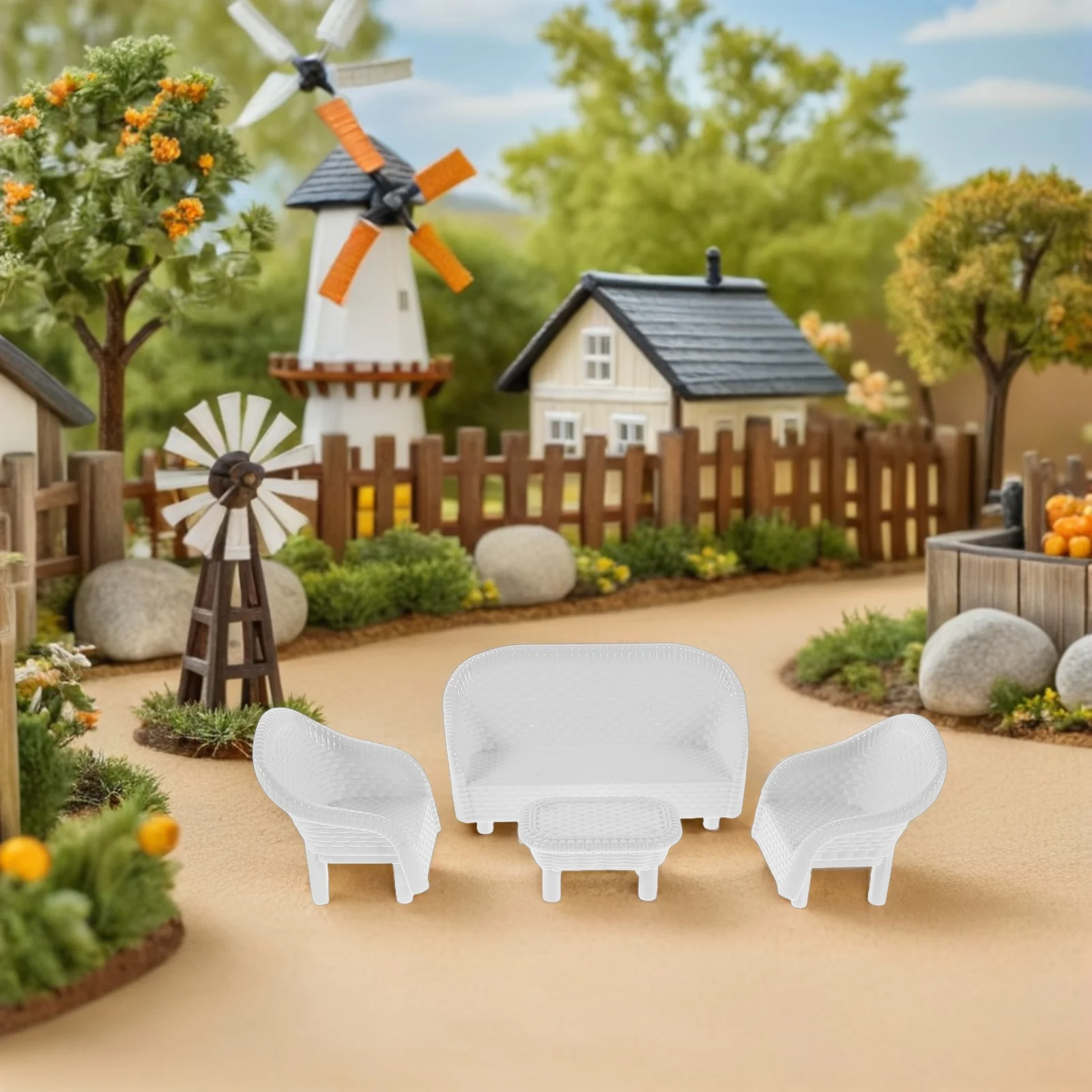 

3Sets White Miniature Plastic Sofa Table Chair Realistic Pretend Play Fairy Garden Sand Table Furniture Dollhouse Furniture