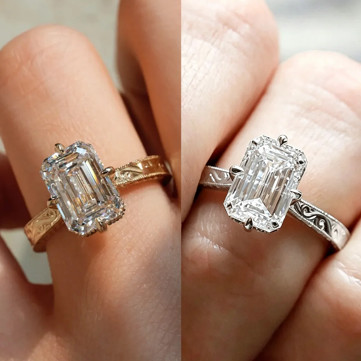 925 Sterling Silver S925 Ring Three Dimensional Embossed Scroll Pattern Emerald Cut White Diamond Luxury Handcrafted Jewelry