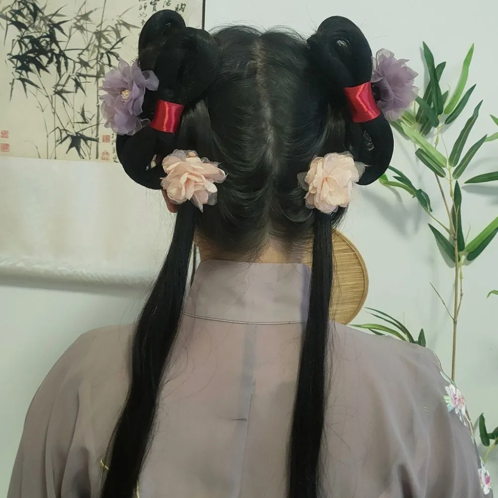 Peruka z klipsem do włosów w stylu dynastii Ming - uniwersalny sztuczny kok z regulowanym klipsem do paznokci dla początkujących, bez umiejętności, peruka Hanfu