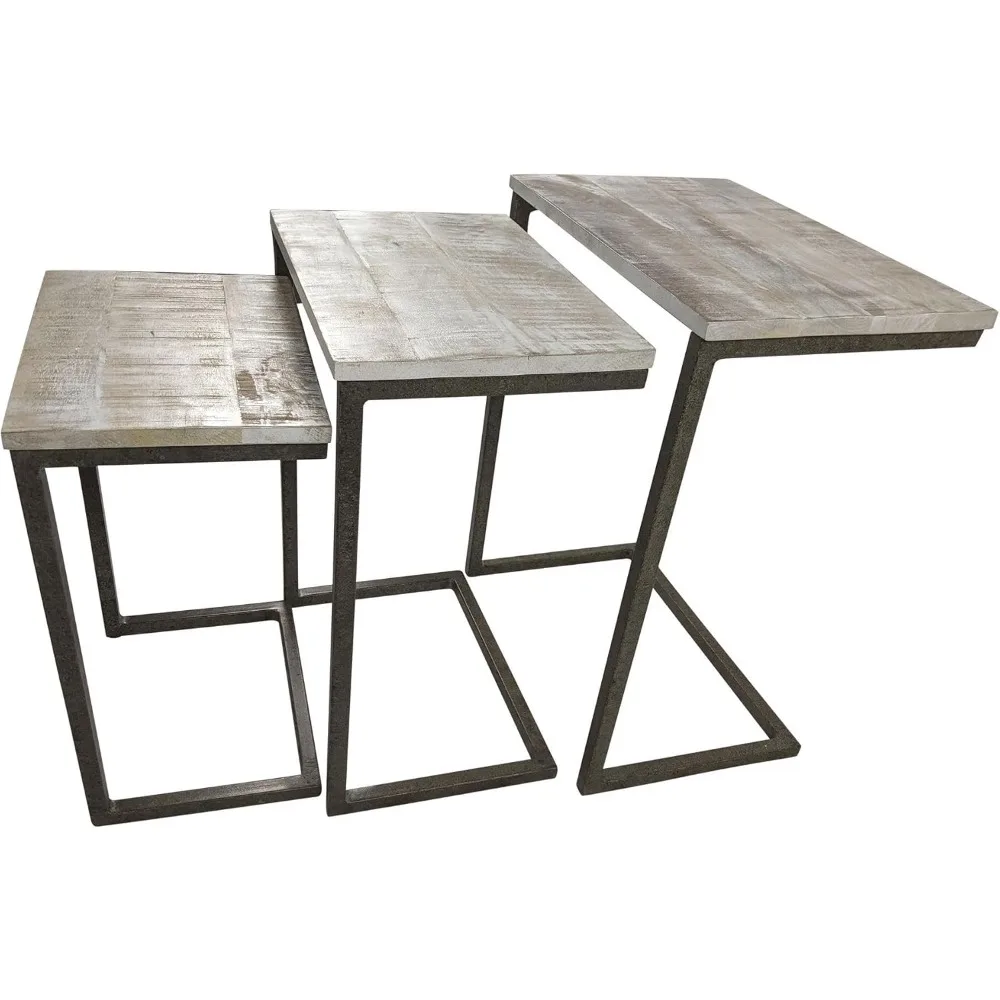 Rectangular Wooden Top 3-Piece Nesting Table Set with Alloy Steel Frame - Modern Space-Saving Furniture