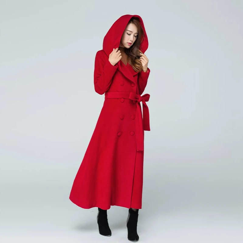 Red Long Slim-Fit Warm Wool Coat  Winter Fashion Hooded Wool Coat / Long Belted Wool Coat for Winter