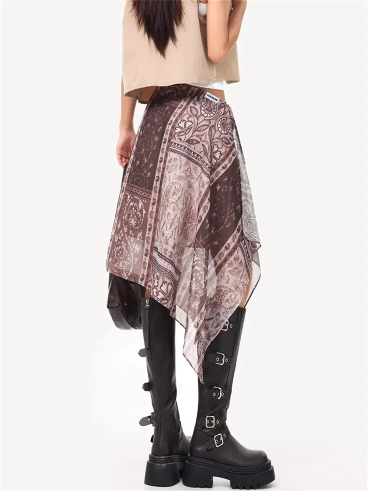 Retro Printed Midi Skirt for Women Slimm A-line beach skirt asymmetric print skirt Belted waist Dress Summer Ladies Clothes