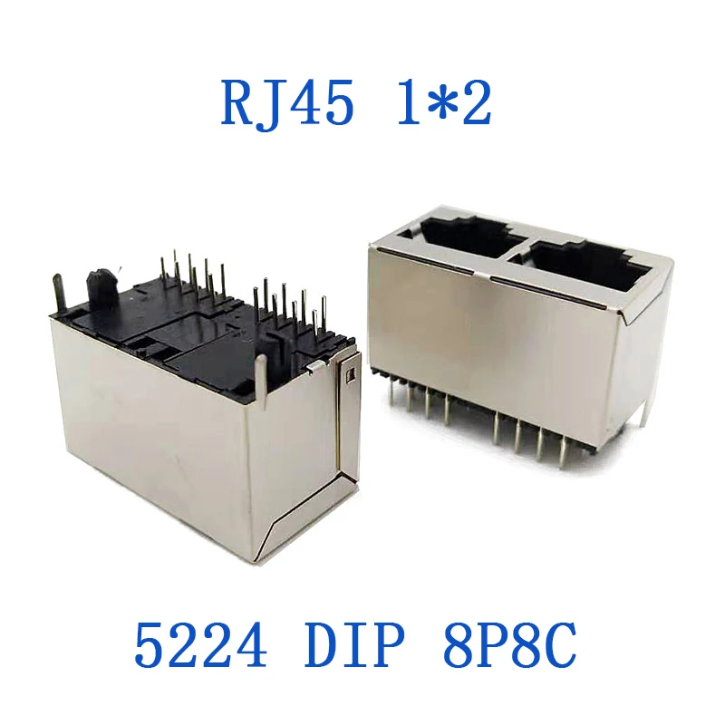 5PCS RJ45 Connector Shielded 8P Female PCB Right Angle PCB 5224 Jack 8P8C Plug 1×2 Socket 2 Ports Network Interface