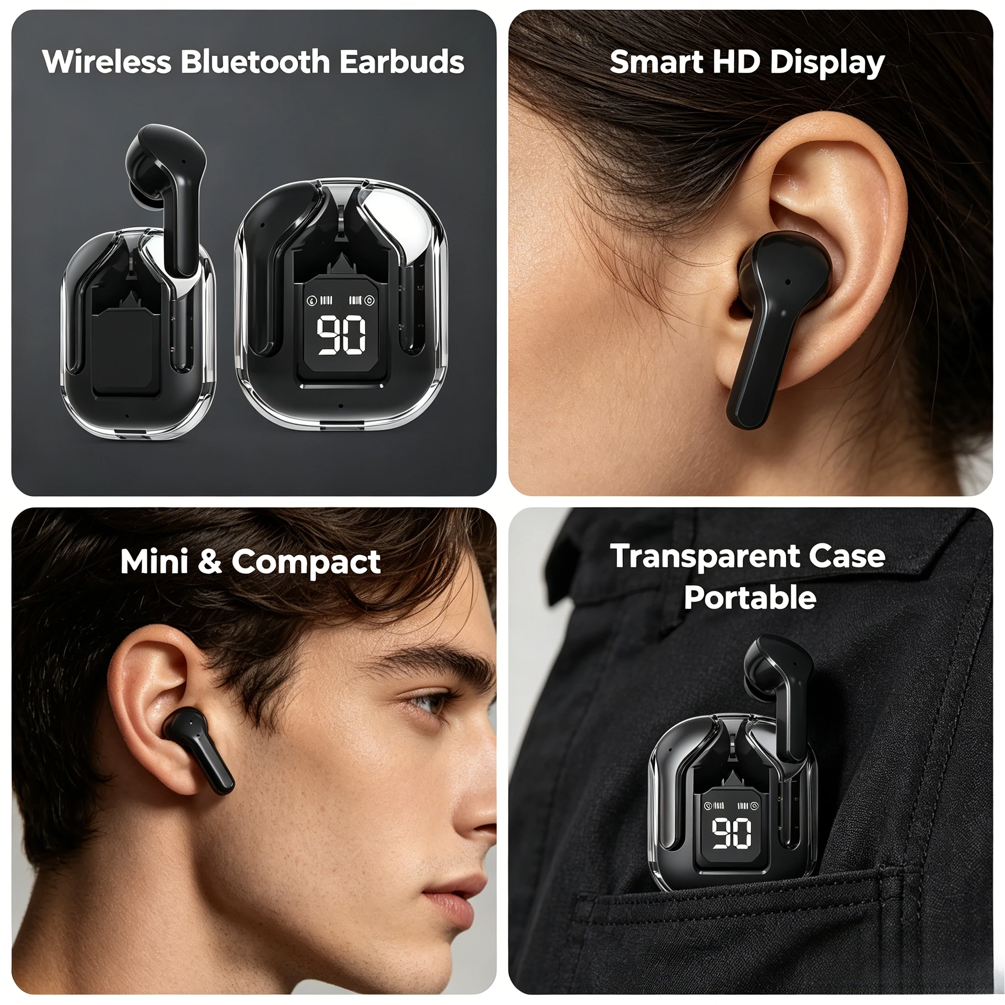 Auriculares Bluetooth TWS Transparentes, Diseño Intrauditivo de Silicona Suave, Auriculares Inalámbricos Deportivos para Juegos, Audio Estéreo HiFi, Pantalla LED