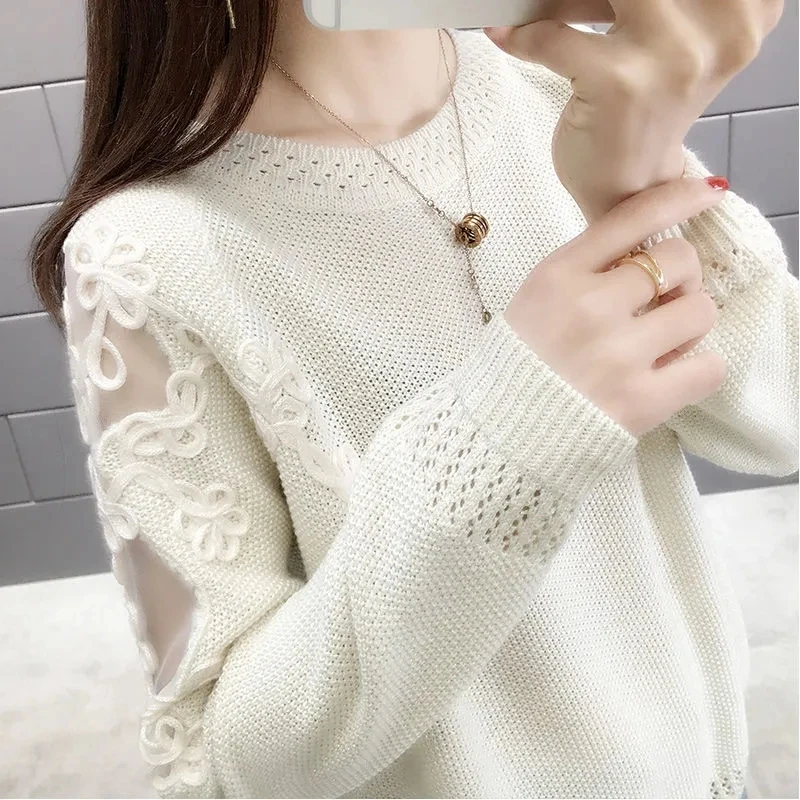 

Spring Autumn 2022 New Sweaters Womens Loose O-neck Lace Long-sleeve Knitted Sweater Women Fashion Slim Pullover Hollow Thin Top