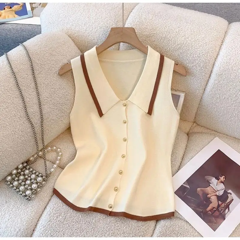2026 Spring Summer New Women French Sleeveless Knitted Tops Small Fragrance Style Short Style Soft Skin Friendly Knitted Sweater
