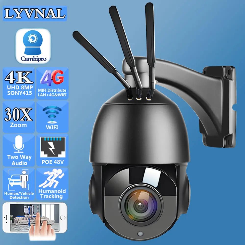 

4K 8MP SO-NY415 3G 4G SIM Wireless Security IP Camera WIFI PTZ Dome 30X Auto Zoom Two Way Audio Human Tracking POE 48V IR 80M
