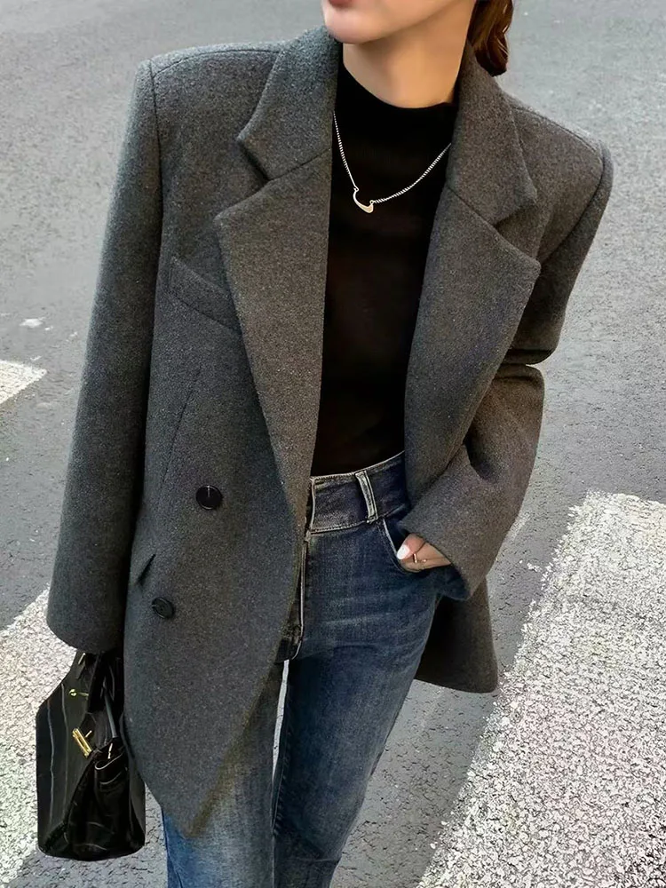 Autumn Faux Wool Blazers Women Korean Loose Streetwear Double Breasted Blended Jacket Elegant Office Lady All Match Suit Coats