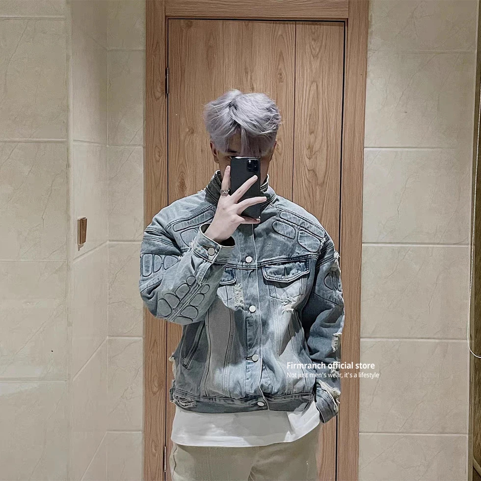 Firmranch Hottest Armor Motorcycle Denim Jacket For Men Women Loose Strong Turtle Shell Ripped Coat Streetwear Spring Autumn