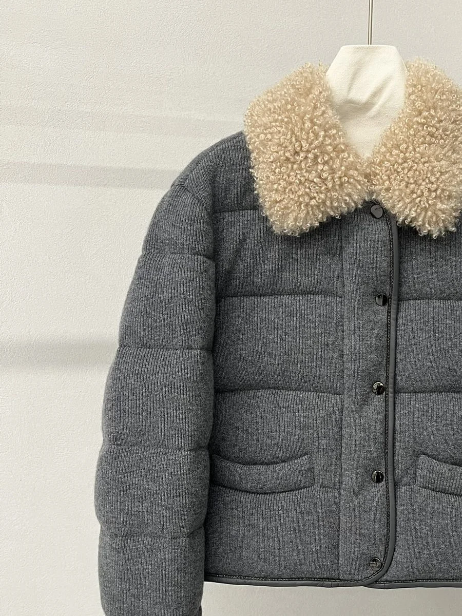 Women'S Wool Knitted Lapel High-Quality White Goose Down Down Jacket Short Casual Jacket Comfortable And Warm