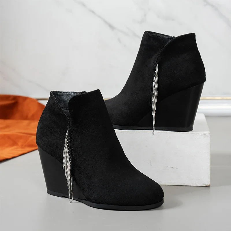 Women Suede Wedges Ankle Boots Fashion High Heels Shoes Woman 2025 Trend Winter Elegant Designer Sexy Retro Boots Botas Mujer