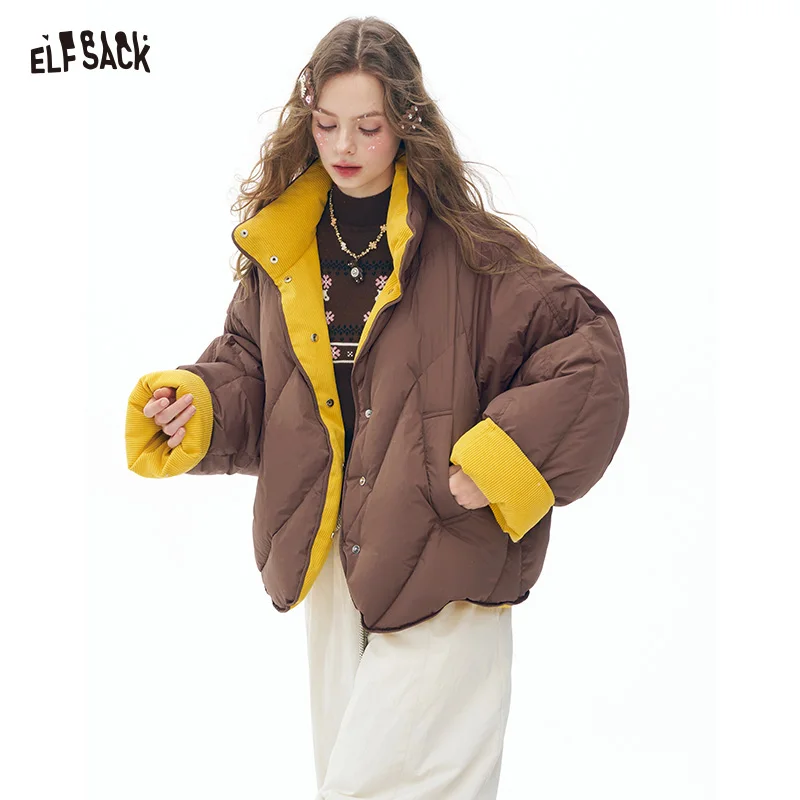 ELFSACK 2025 شتاء الوافدين الجدد Y2K الحد الأدنى عادية فضفاض الصلبة عكسها مقنعين الوقوف طوق قصيرة أسفل سترة للنساء #1