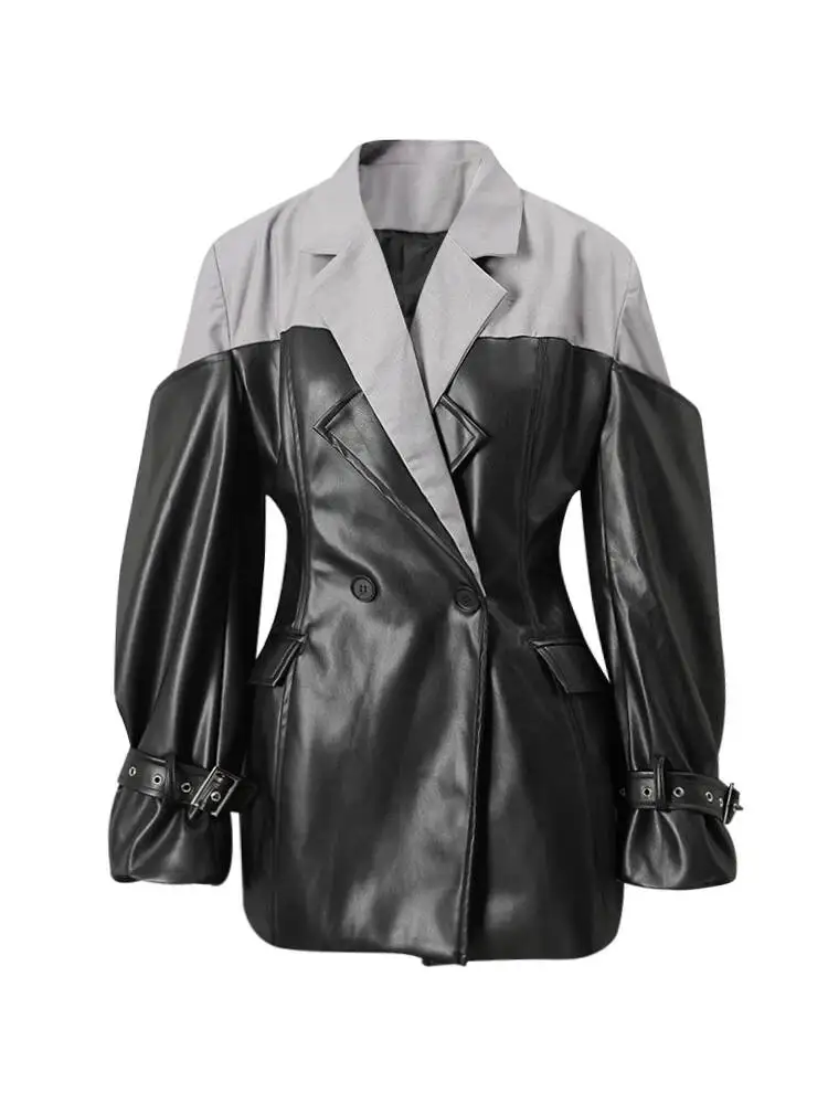 

Coat Fashion PU Leather Patchwork Blazer Women's Lapel Slim Double Breasted Long Sleeves Suit Jacket Autumn New CQ02