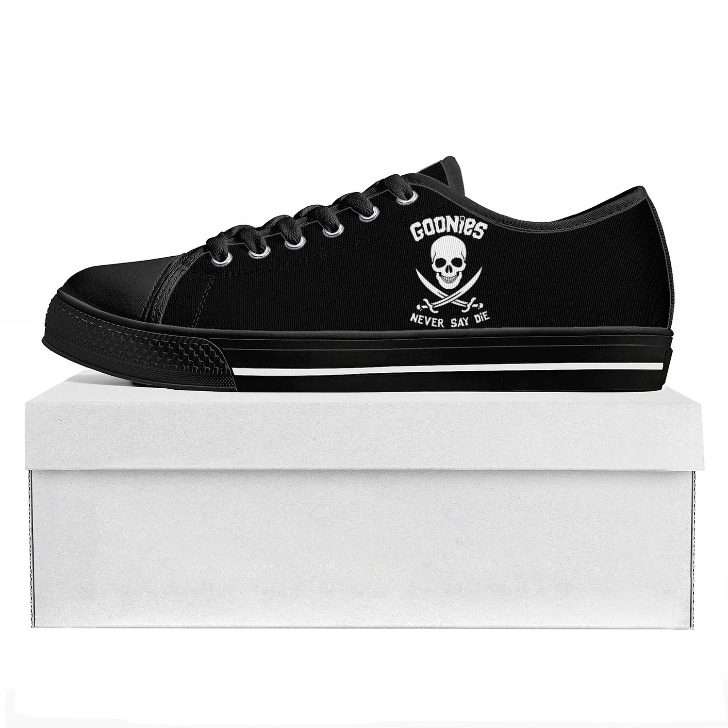 Goonies Never Say Die Skull Pirate Rock Low Top High Quality Sneakers Mens Womens Teenager Canvas Sneaker Couple Custom Shoe