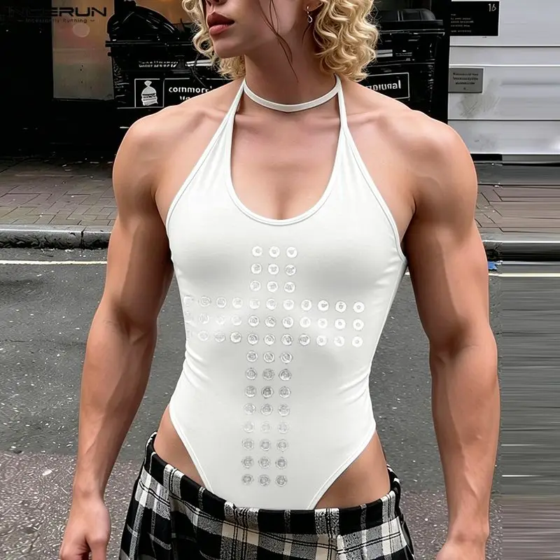 INCERUN Herren-Bodysuits mit Aufdruck, O-Ausschnitt, ärmellos, mit Schnürung, männliche Playsuits, Tank-Tops, rückenfrei, sexy, modische Bodysuits für Männer 2026