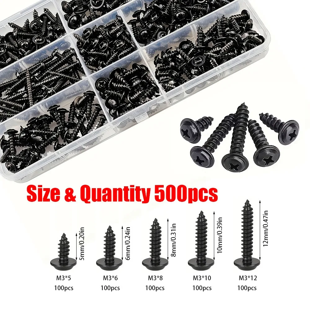 500-piece M3 Black Phillips Head Self-Tapping Screw Kit with Washer, 5 Sizes, for Wood Products, Toys, and Picture Frames