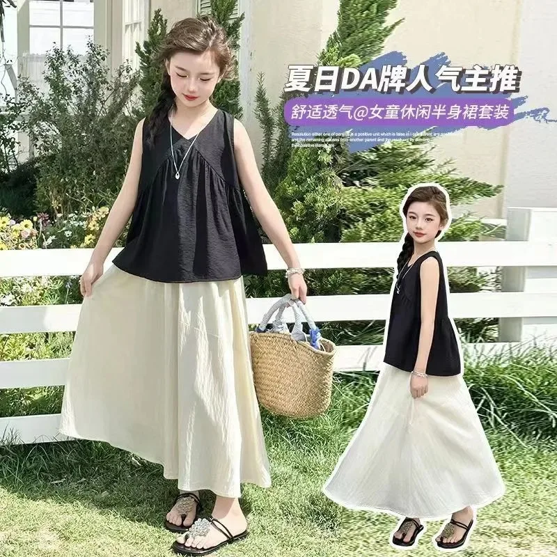 2026 two pieces summer girls Cloth Children set sleeveless Teen loose camisole T SHIRT + layered long skirt 4 8 10 12 year Korea