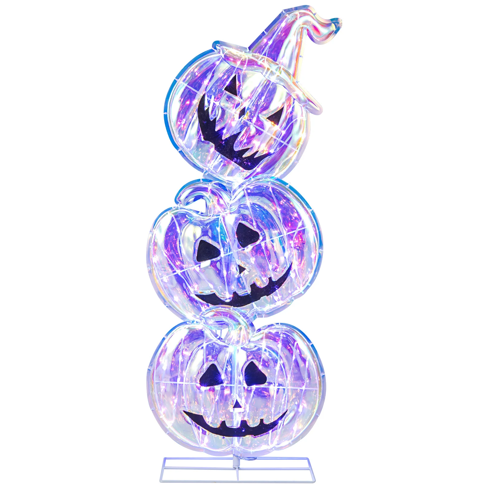 3. 4 Ft Halloween Decorations, Light up Stacked Pumpkins, Standing Prismatic Iridescent Jack-O-Lantern Decorations, Yard, Party