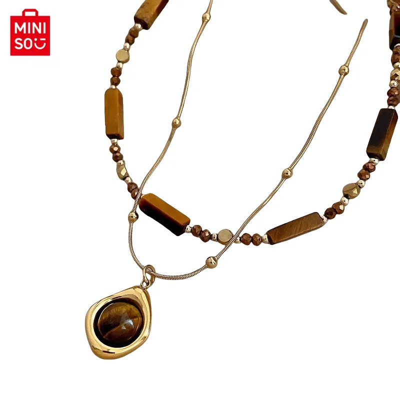 2025 MINISO New Creative Style Double layer Stacked Autumn/Winter Melad Beaded Tiger Eye Stone Pendant Necklace Retro Style