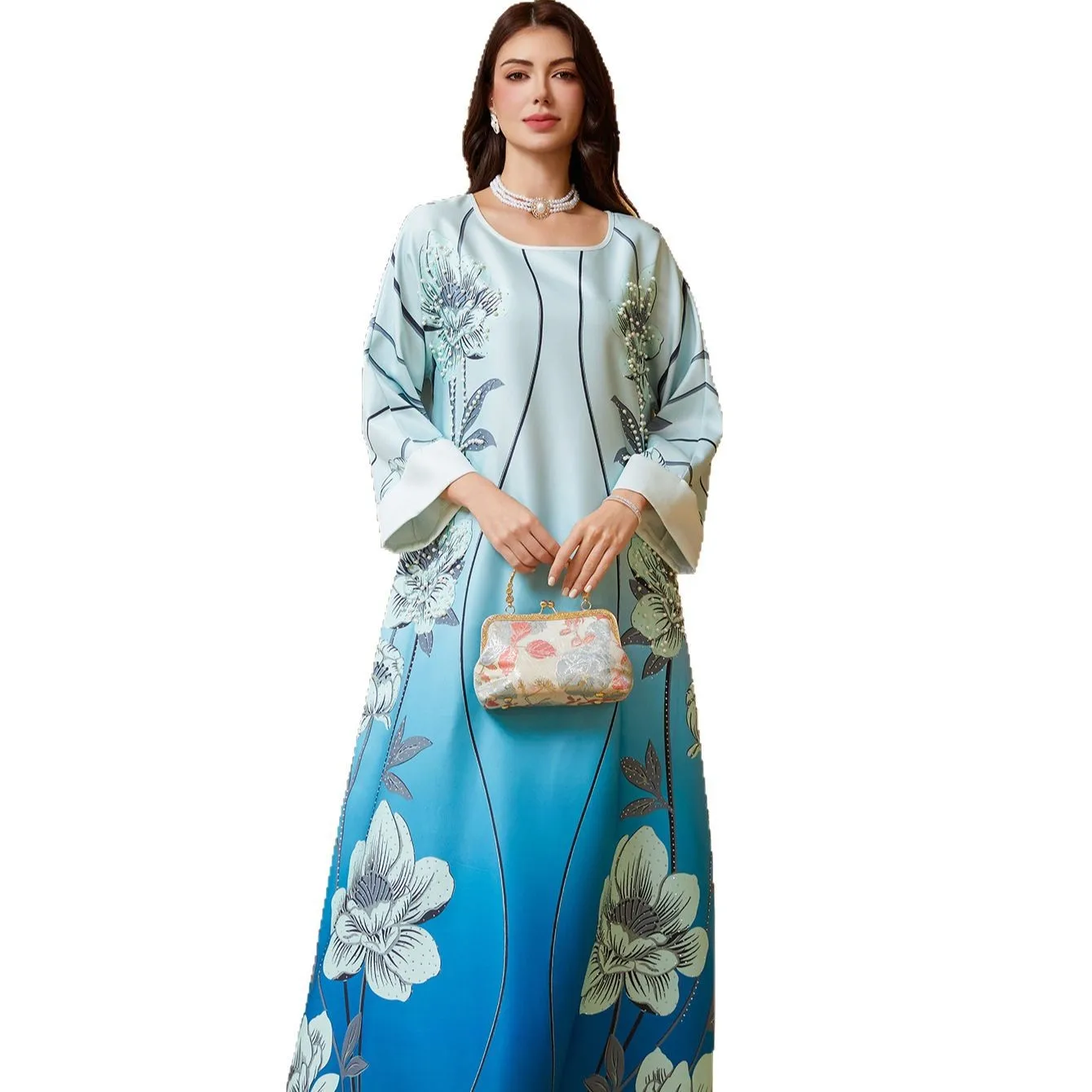 มุสลิมชุดสตรีดอกไม้พิมพ์ยาว Robe Sequins Eid Ramadan โมร็อกโก Kaftan ดูไบ Abayas Saudi Vestidos Jalabiya ชุด