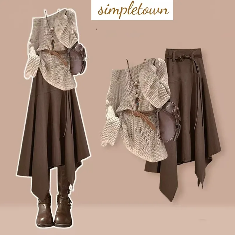 

Temperament Set for Women Autumn/Winter Retro Off Shoulder Knitted Sweater Irregular Half Skirt Two Piece Set