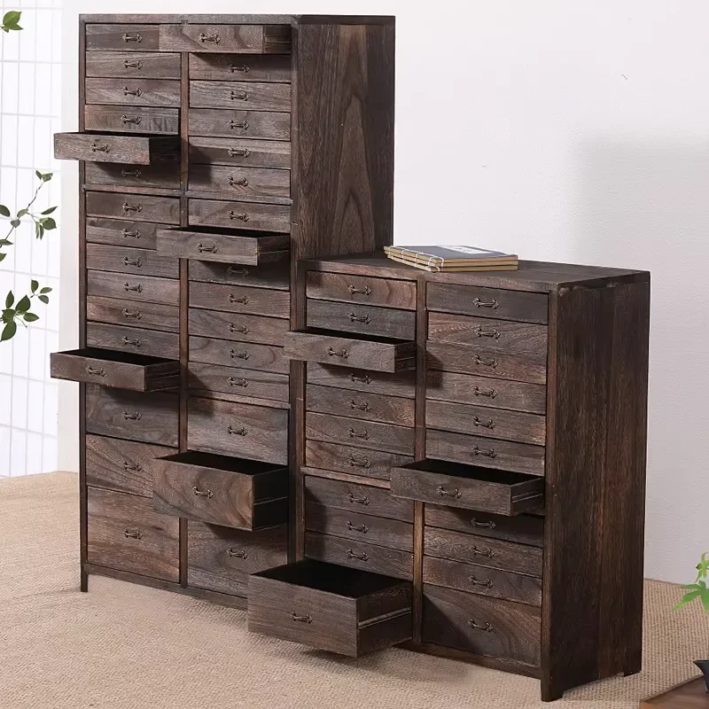 Solid Wood Pu'er  Cabinet Storage  Set with Multi-Layer Drawers and Black  Dispenser for All  Types
