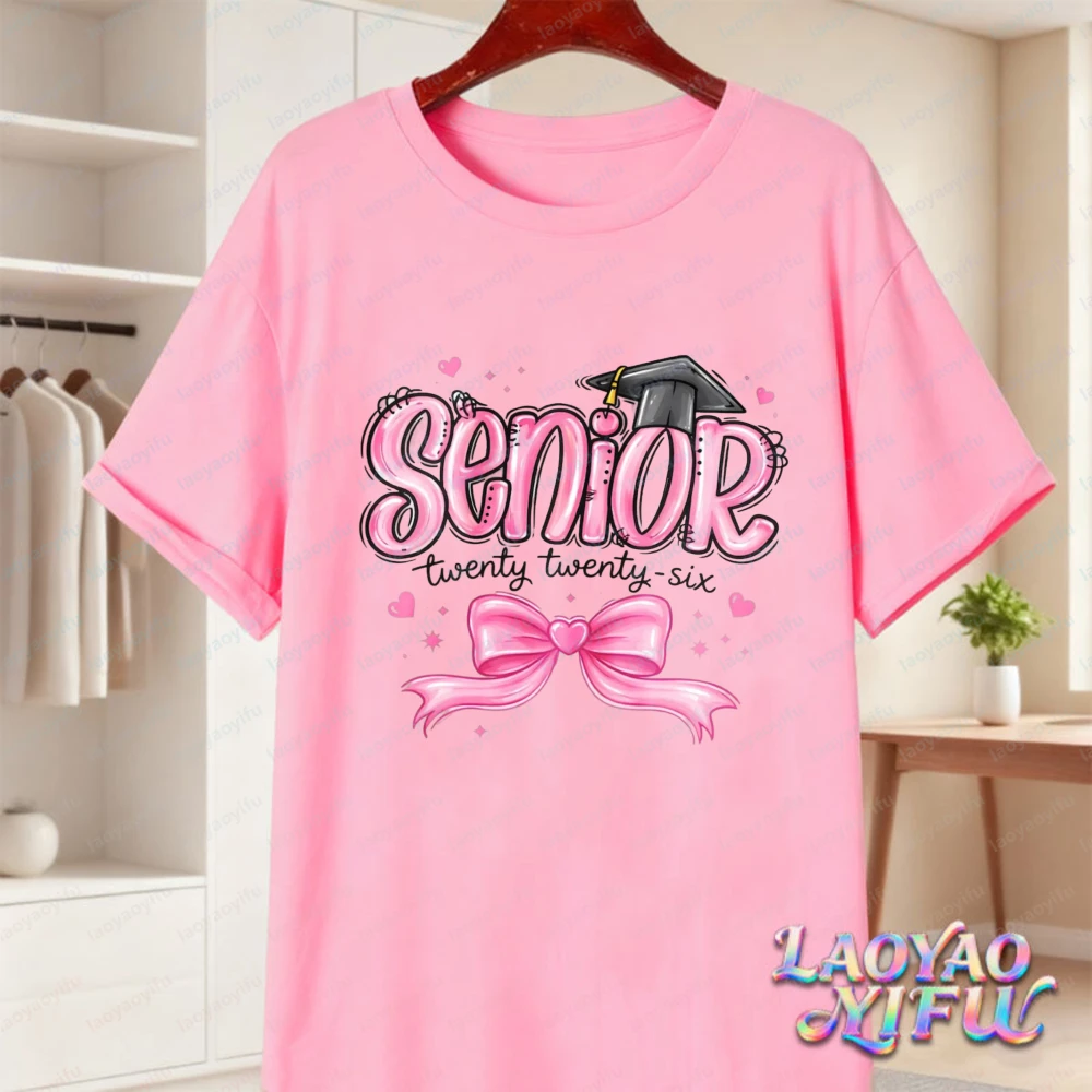 Senior 2026 Cotton T-Shirt for Women Coquette Pink Bow Graphic Tee Cute Graduation Casual Top Kawaii Graduation Girls Clothes