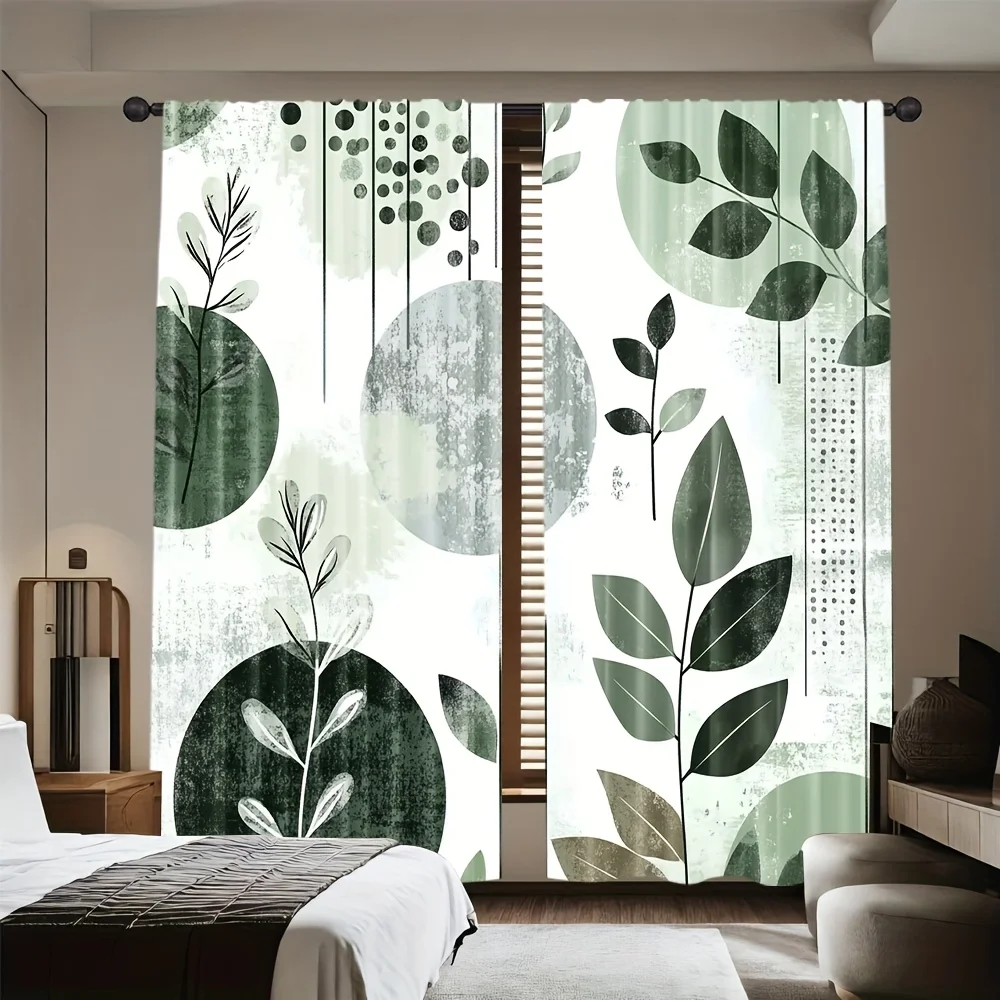Minimalist Green Leaf Circle Dot Window Curtains 2 Panels White Background Abstract Branch Light Blocking Drapes Fresh Balcony