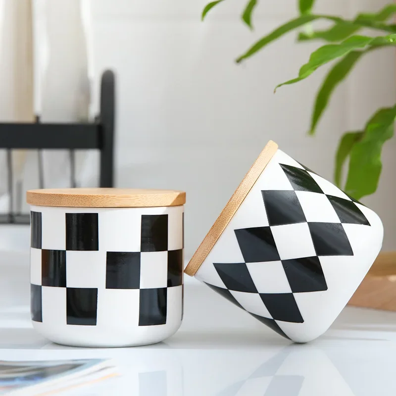 Nordic Ceramic Storage Pot Geometric Sealed Pot Black and White Chessboard Candy Pot Kitchen Storage Container Kitchen Supplies