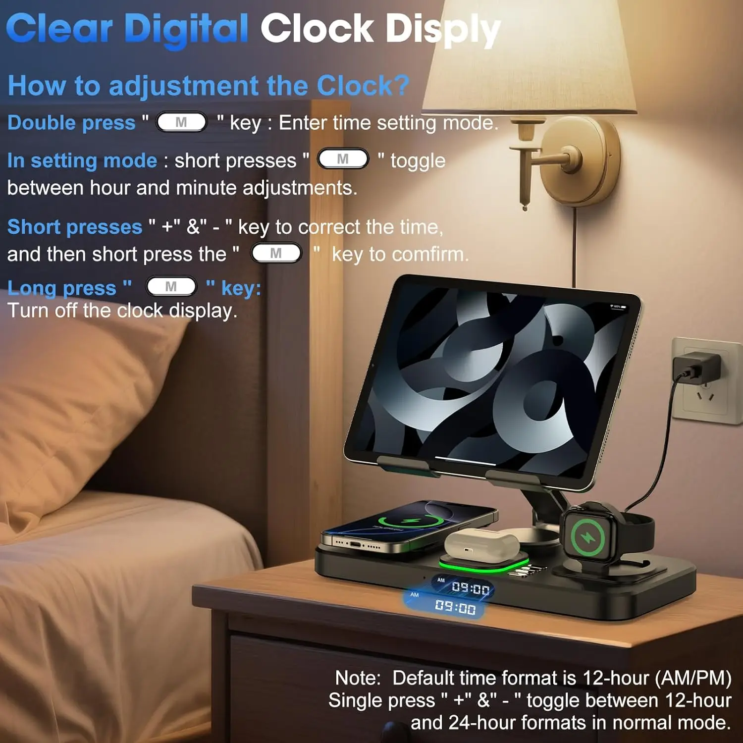 

6 in 1 Wireless Charger for Apple Device, Foldable Wired Charging for ipad with Clock & 7 Color Ambient Light