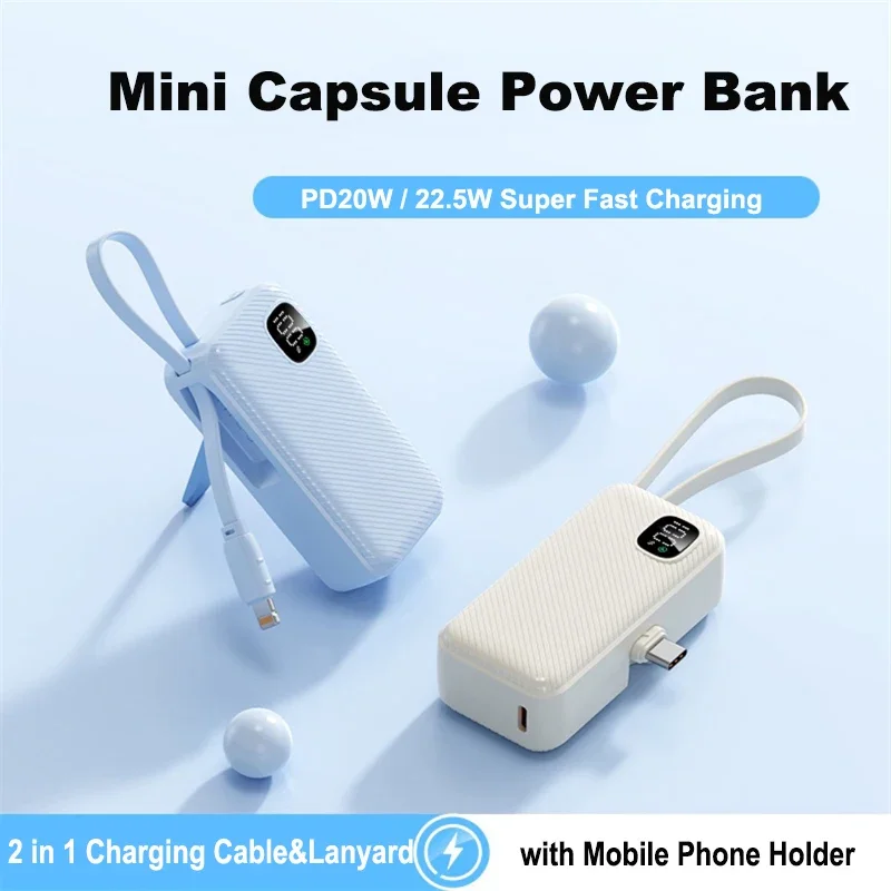 

Capsule Mini Power Bank 22.5W Fast Charging Powerbank with Type C Plug Cable Stand for iPhone 17 Samsung Huawei Xiaomi Poverbank