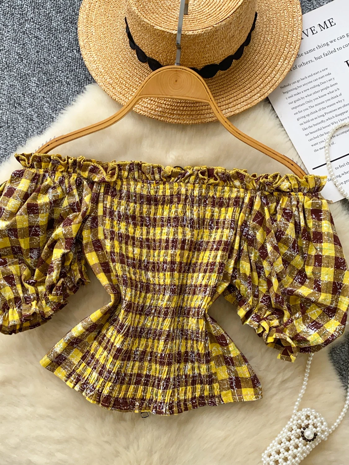

Dopne Plaid One oulder Bubble Sve irt Women's Summer Zipper Vintage Distred Spicy Top Trendy Korean Sle Loose Fit