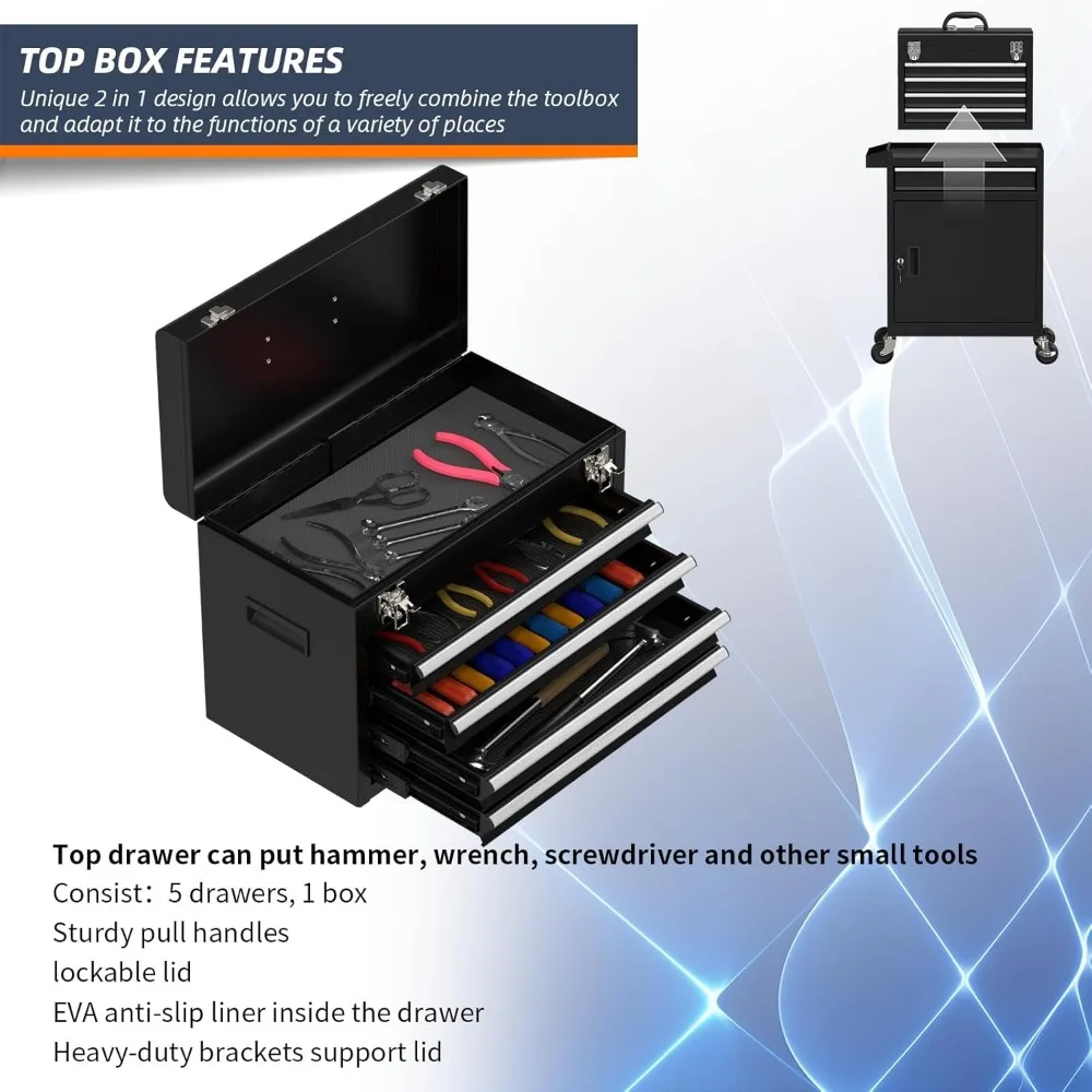 5-Drawer High Capacity Rolling Tool Chest, Removable Cabinet Storage Tool Box with Wheels and Drawers, Detachable Toolbox