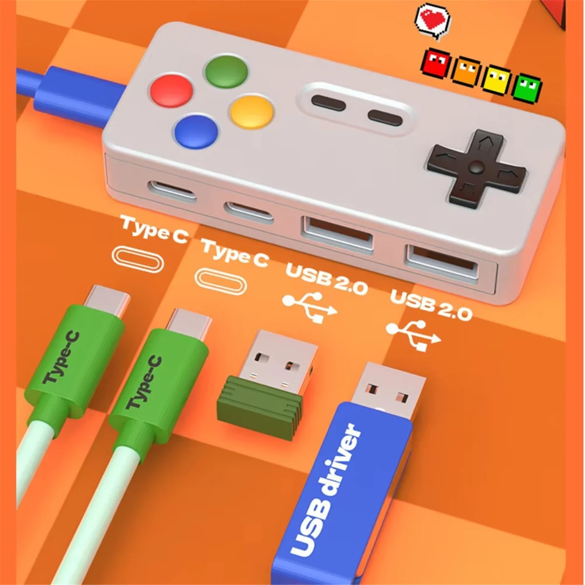 

НОВОЕ расширение GamePad Shape Design HUB Мышь Клавиатура Мультяшный USB-конвертер Разъем 4 в 1, Type-C USB 2.0 HUB