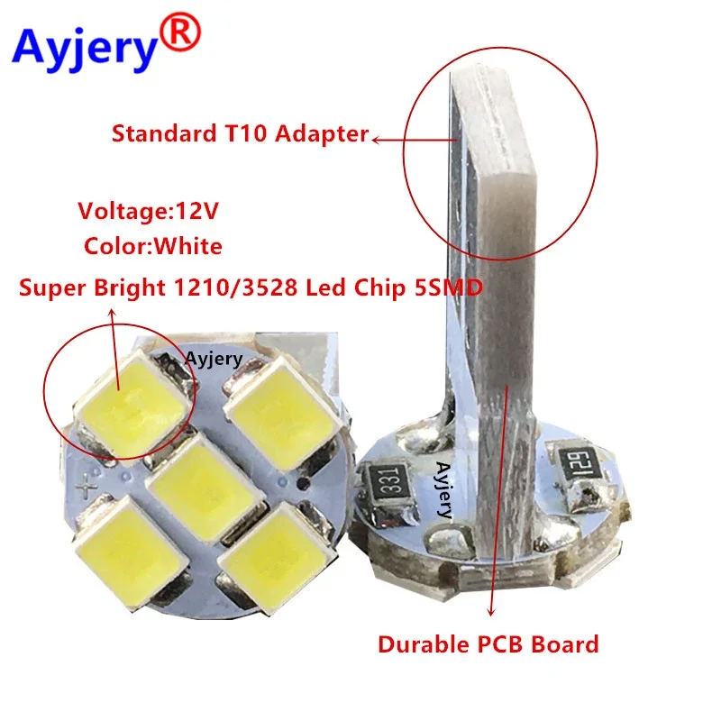 AYJERY 1000X White T10 PCB 194 168 W5W 3528 1210 5 SMD LED Reading Light Car Interior Marker Lamp Side Wedge Parking Door Lights