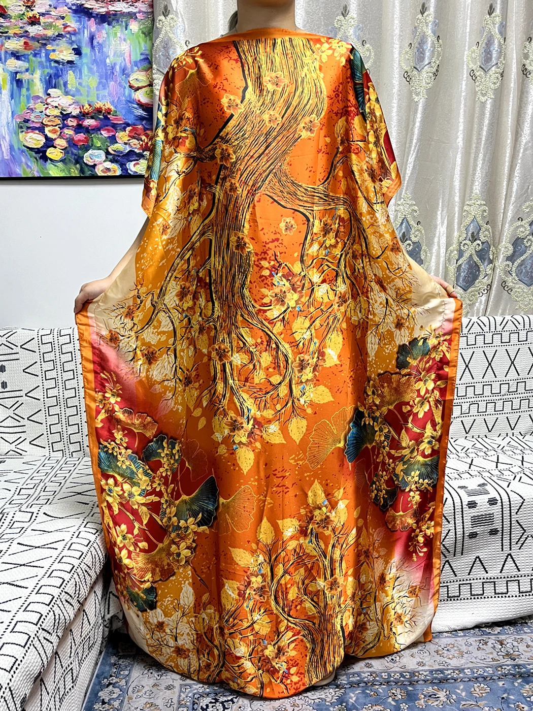 Muslim Silk Abayas For Women 2023 Summer Printed Leaf Pattern Loose Femme Robe African Nigeria Evening Patry Dresses With Turban