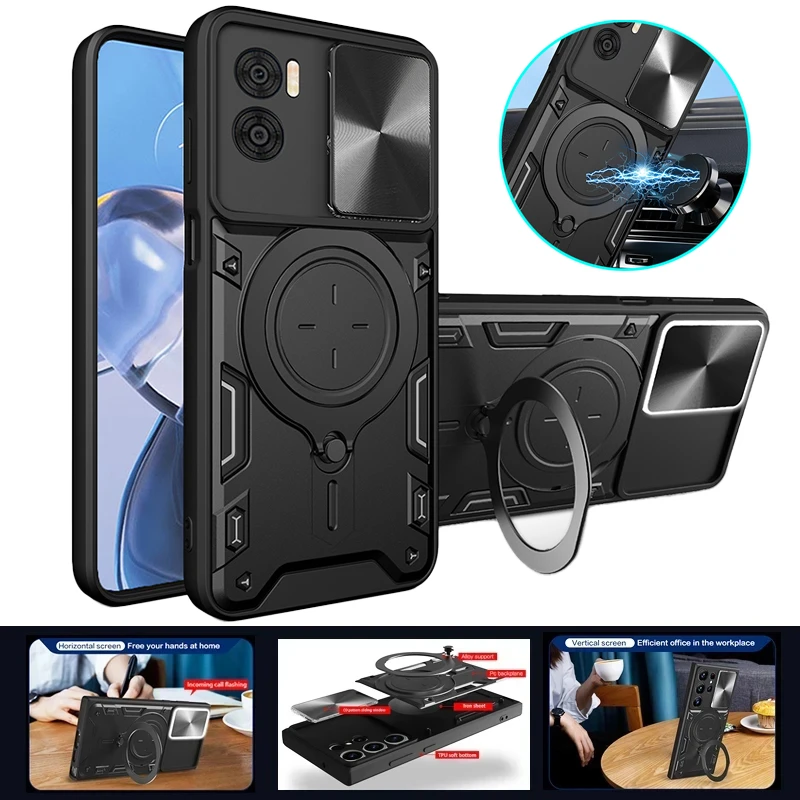 For Motorola Moto E22i Case Magnetic Armor Metal Ring Holder Phone Cases for MotoE22 E 22i E22 i Slide Camera Protect Back Cover