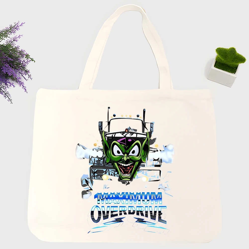 Men's canvas tote bag with fantasy creature graphic and typography print, streetwear style for daily shopping and casual outings