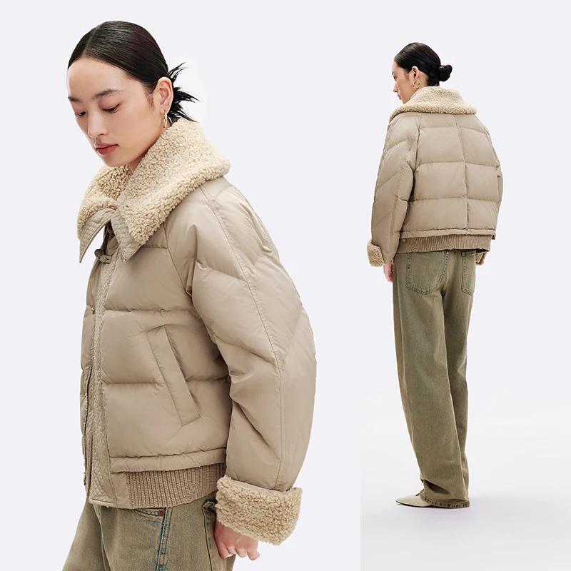 Chericom Women's Winter Down Jacket Short Faux Shearling Collar and Cuffs Quilted Panel Zipper Closure Padding Coats Y299129Y