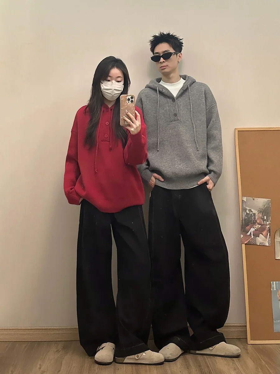 

Мужской зимний вязаный кардиган с капюшоном, свободный крой, повседневный, с длинными рукавами, термобелье для пар