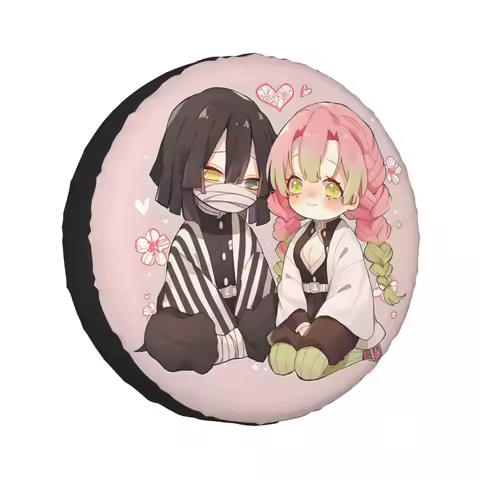 Custom Mitsuri Kanroji And Iguro Obanai Spare Tire Cover for Car Trailer 4x4 Wheel Protector Covers 14" 15" 16" 17" Inch