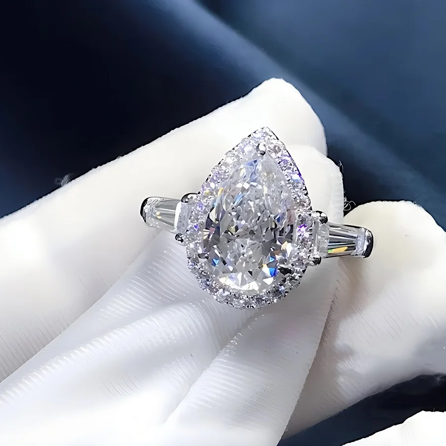 18K Au750 White Gold Women Ring Wedding Party Engagement  1 2 3 4 5 Carat Water Drop Pear Moissanite Diamond Ring Trapezoid