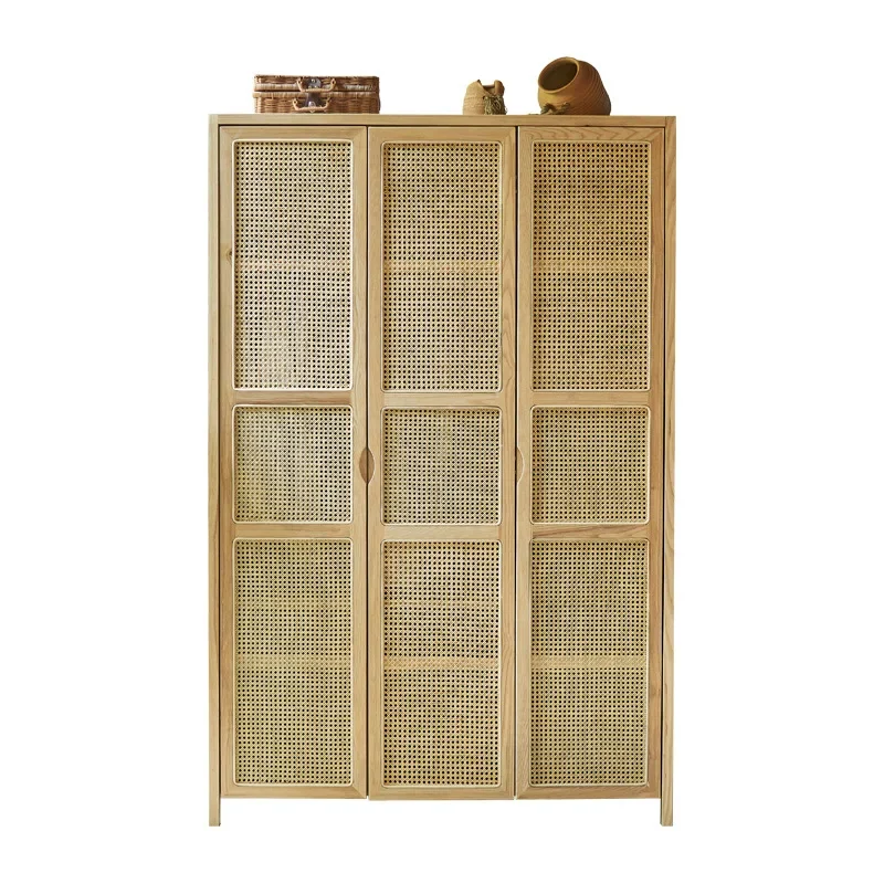 Nordic rattan solid wood wardrobe household ash wood sliding door locker